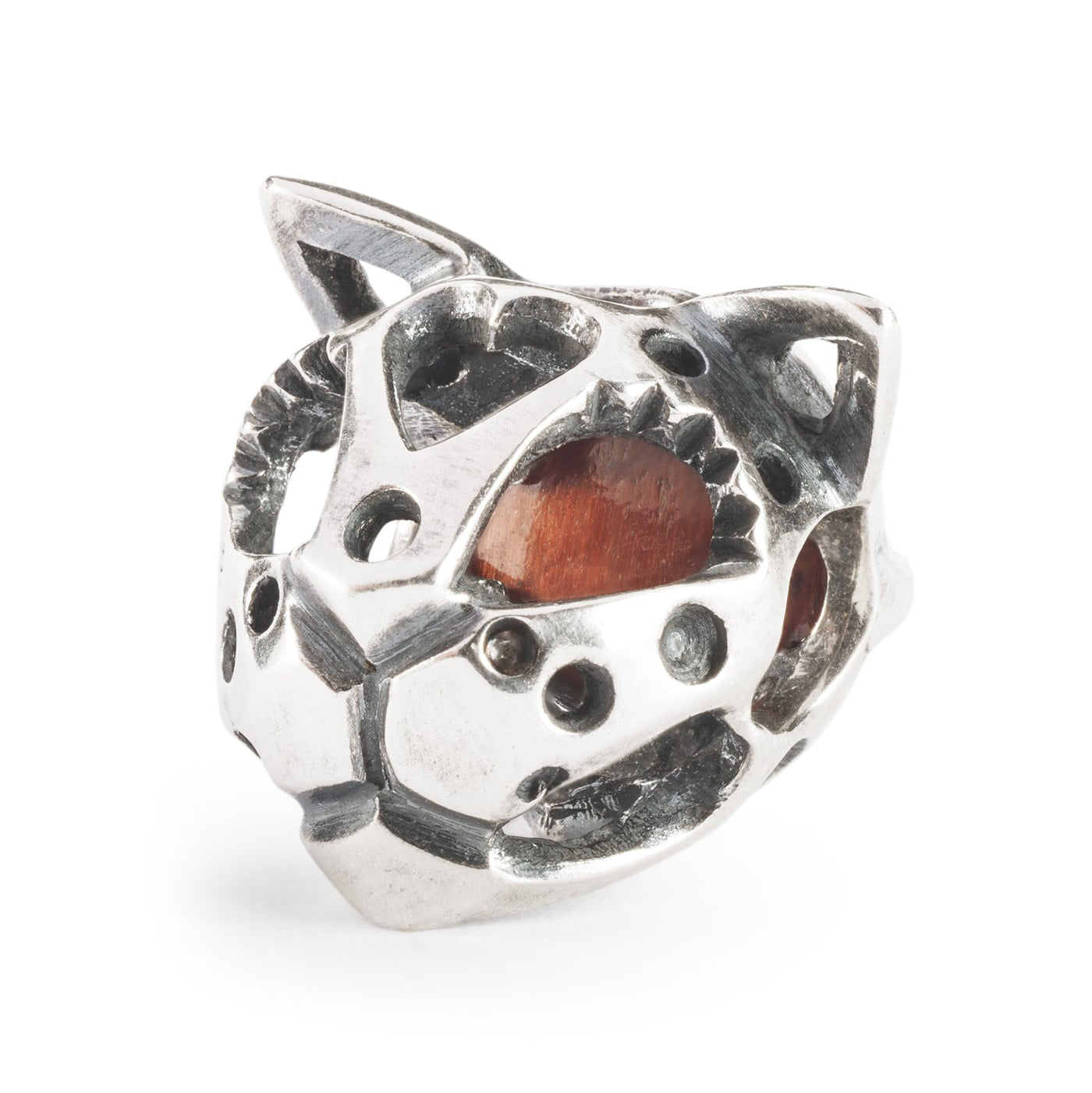 a silver cat face Jewellery bead with a red tiger eye gemstone.