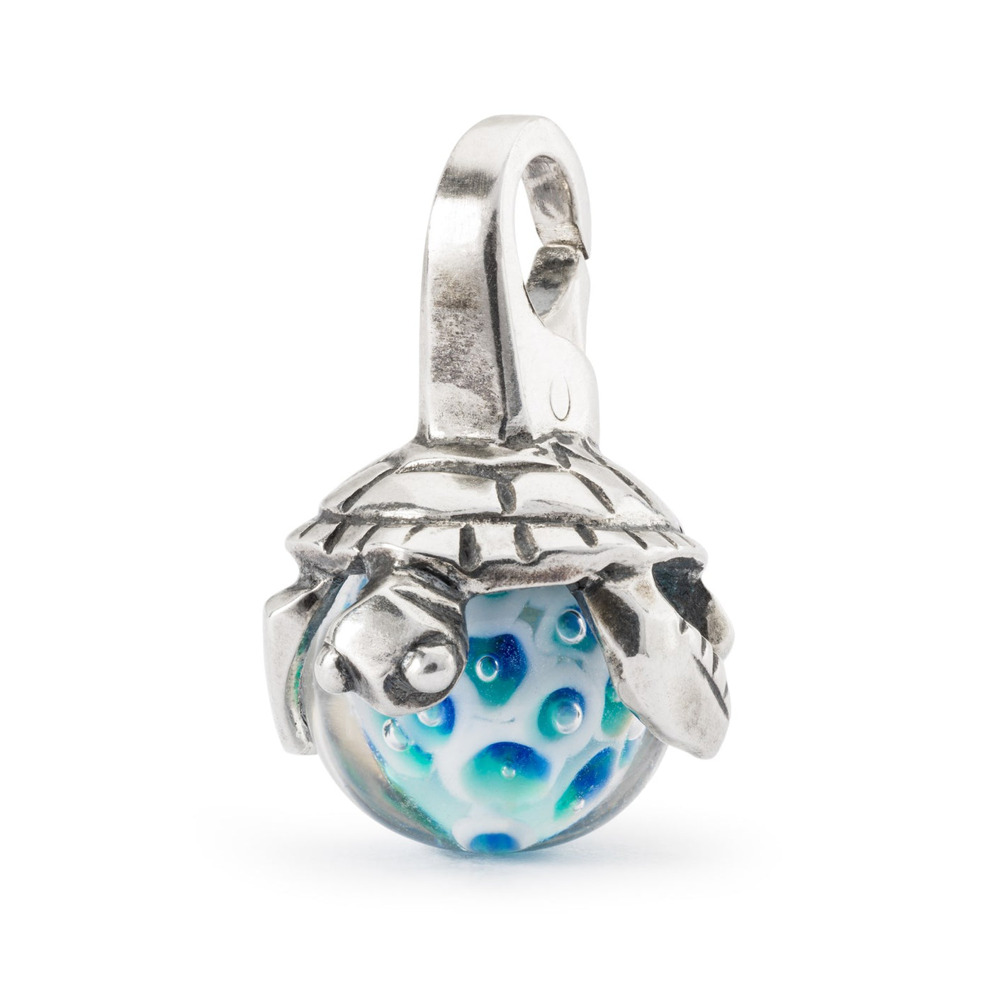 pendant of calm featuring a turtle on a blue glass ball.