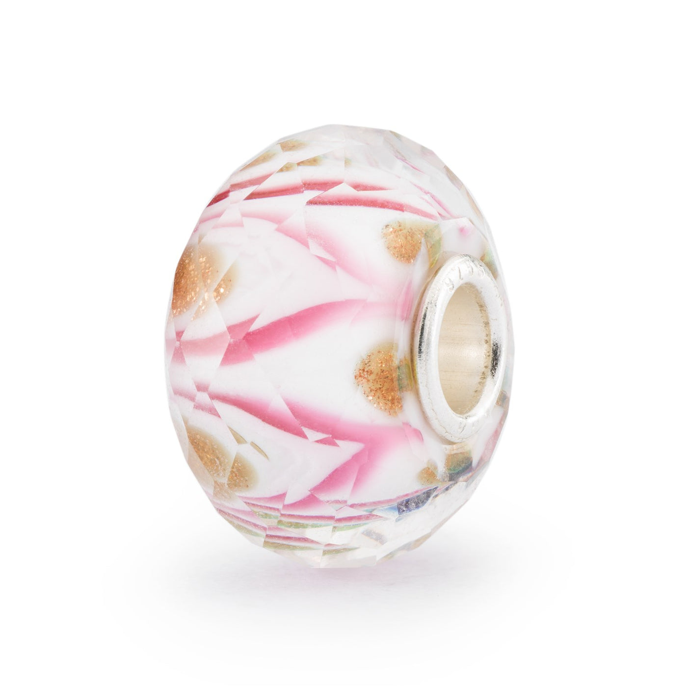 A stunning faceted glass bead with a beautiful pink swirl pattern reminiscent of a symphony, with intricate details that create a sense of movement.